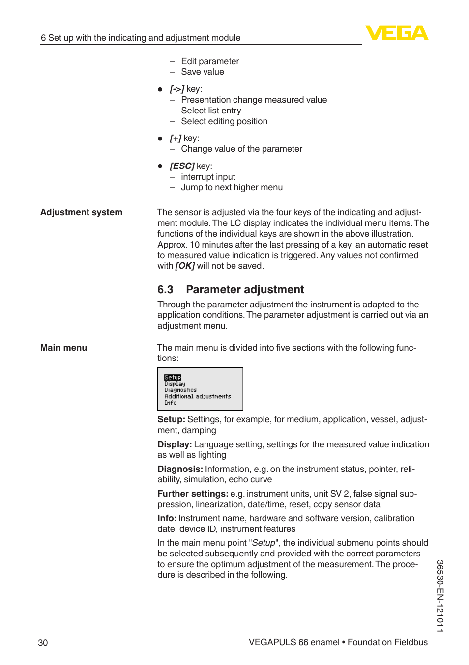 3 parameter adjustment | VEGA VEGAPULS 66 (≥ 2.0.0 - ≥ 4.0.0) enamel Foundation Fieldbus User Manual | Page 30 / 80