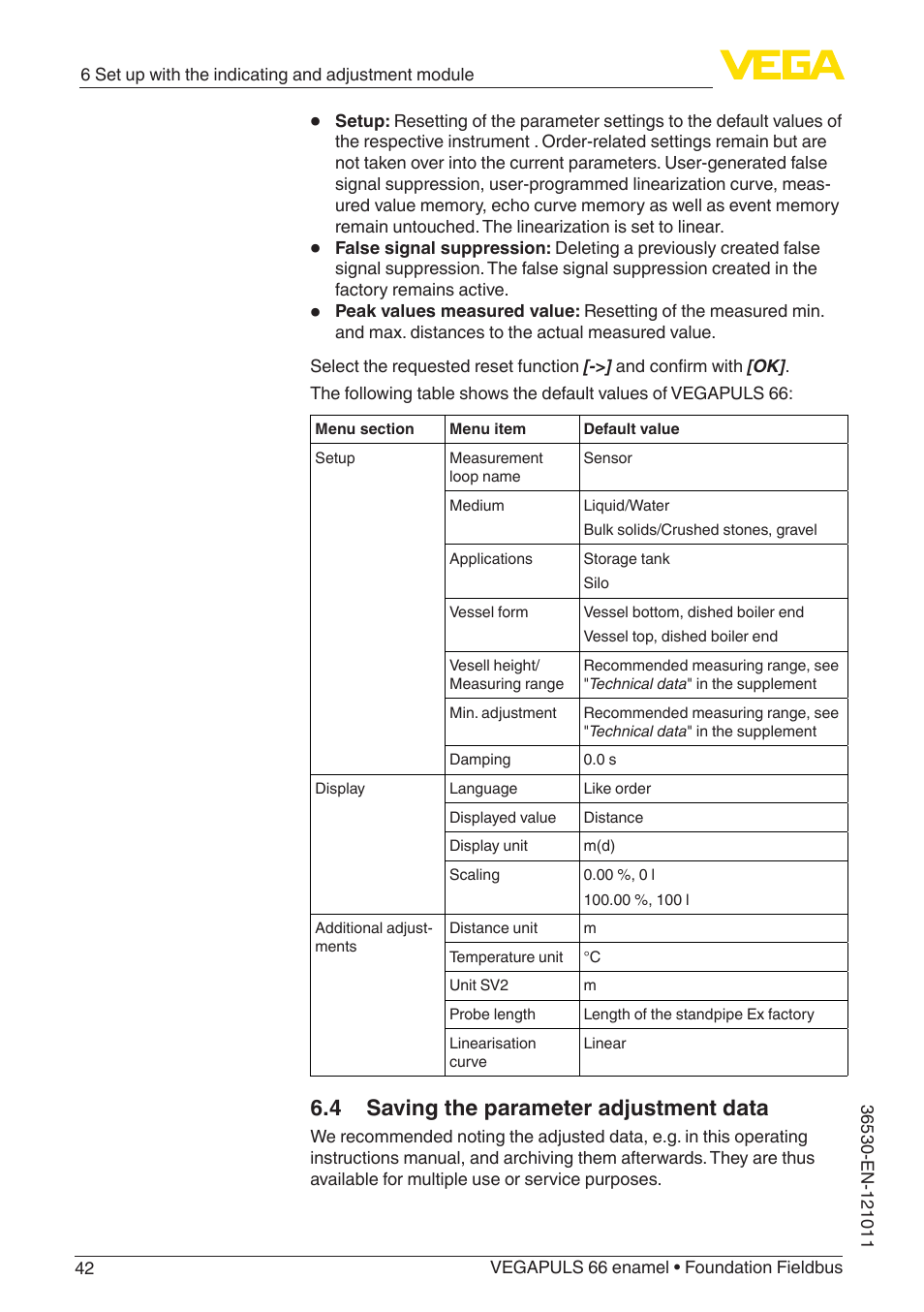 4 saving the parameter adjustment data | VEGA VEGAPULS 66 (≥ 2.0.0 - ≥ 4.0.0) enamel Foundation Fieldbus User Manual | Page 42 / 80