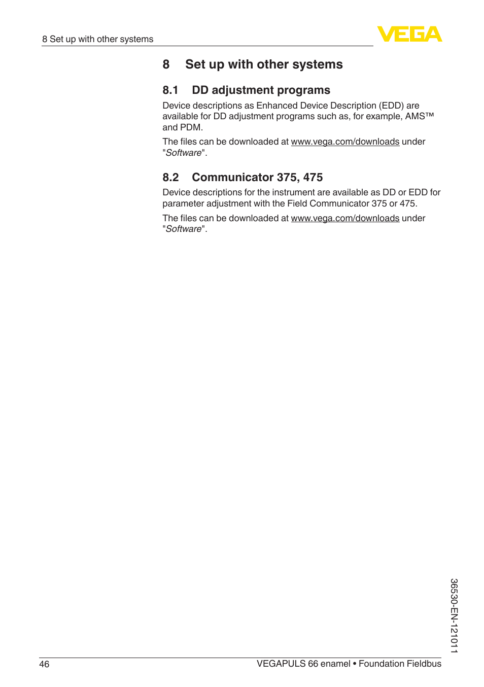 8 set up with other systems, 1 dd adjustment programs, 2 communicator 375, 475 | VEGA VEGAPULS 66 (≥ 2.0.0 - ≥ 4.0.0) enamel Foundation Fieldbus User Manual | Page 46 / 80