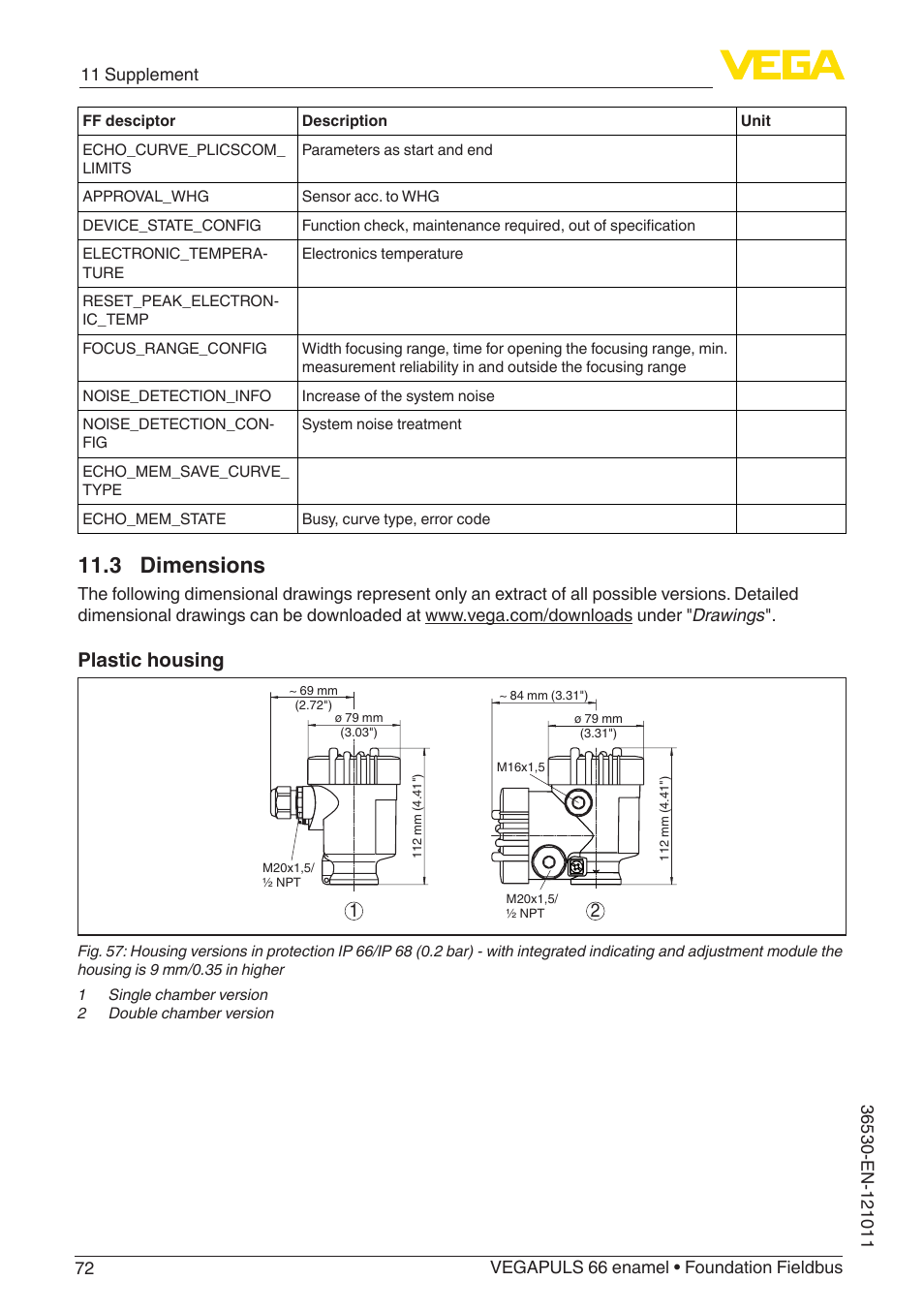 3 dimensions, Plastic housing | VEGA VEGAPULS 66 (≥ 2.0.0 - ≥ 4.0.0) enamel Foundation Fieldbus User Manual | Page 72 / 80