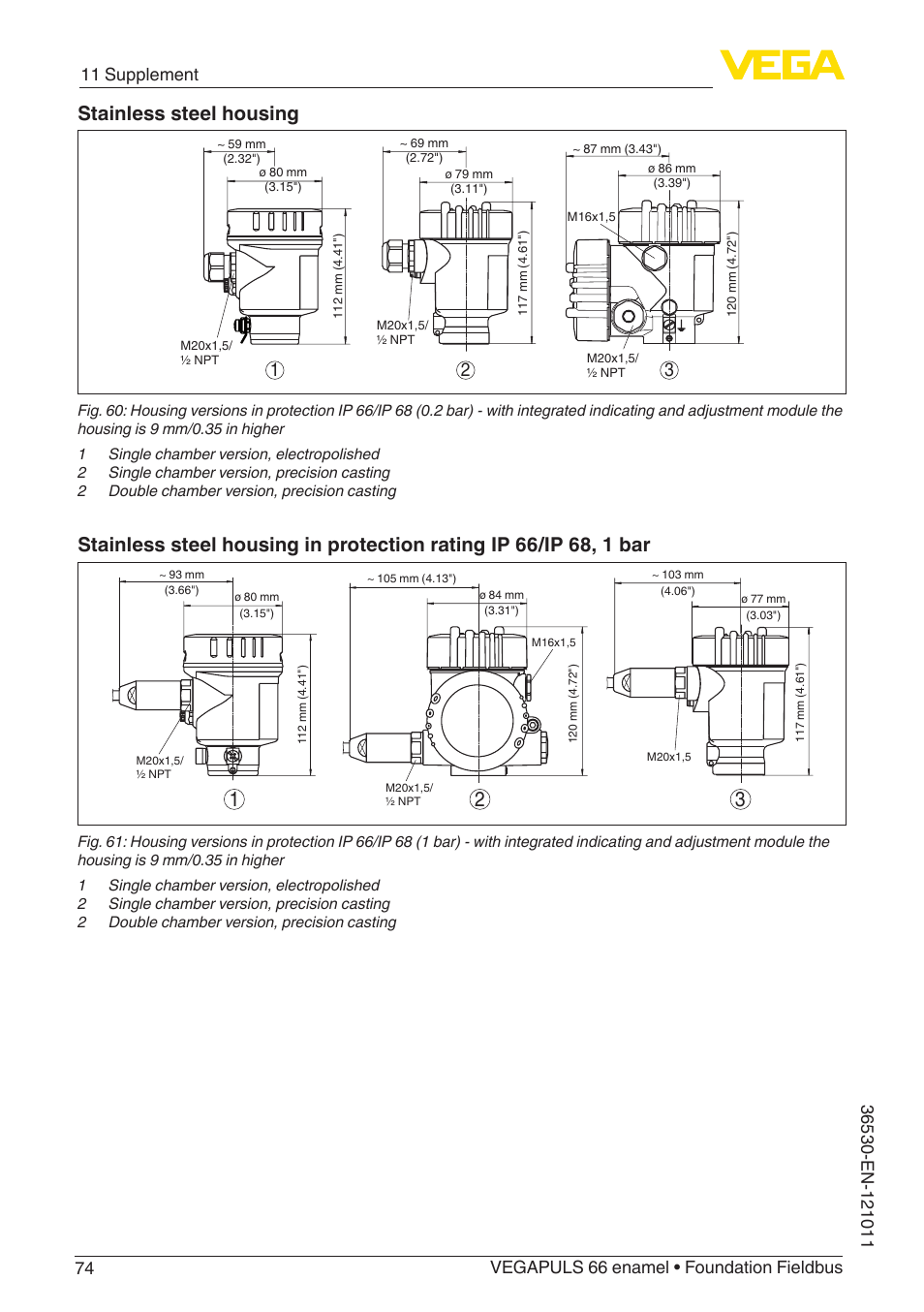 Stainless steel housing | VEGA VEGAPULS 66 (≥ 2.0.0 - ≥ 4.0.0) enamel Foundation Fieldbus User Manual | Page 74 / 80
