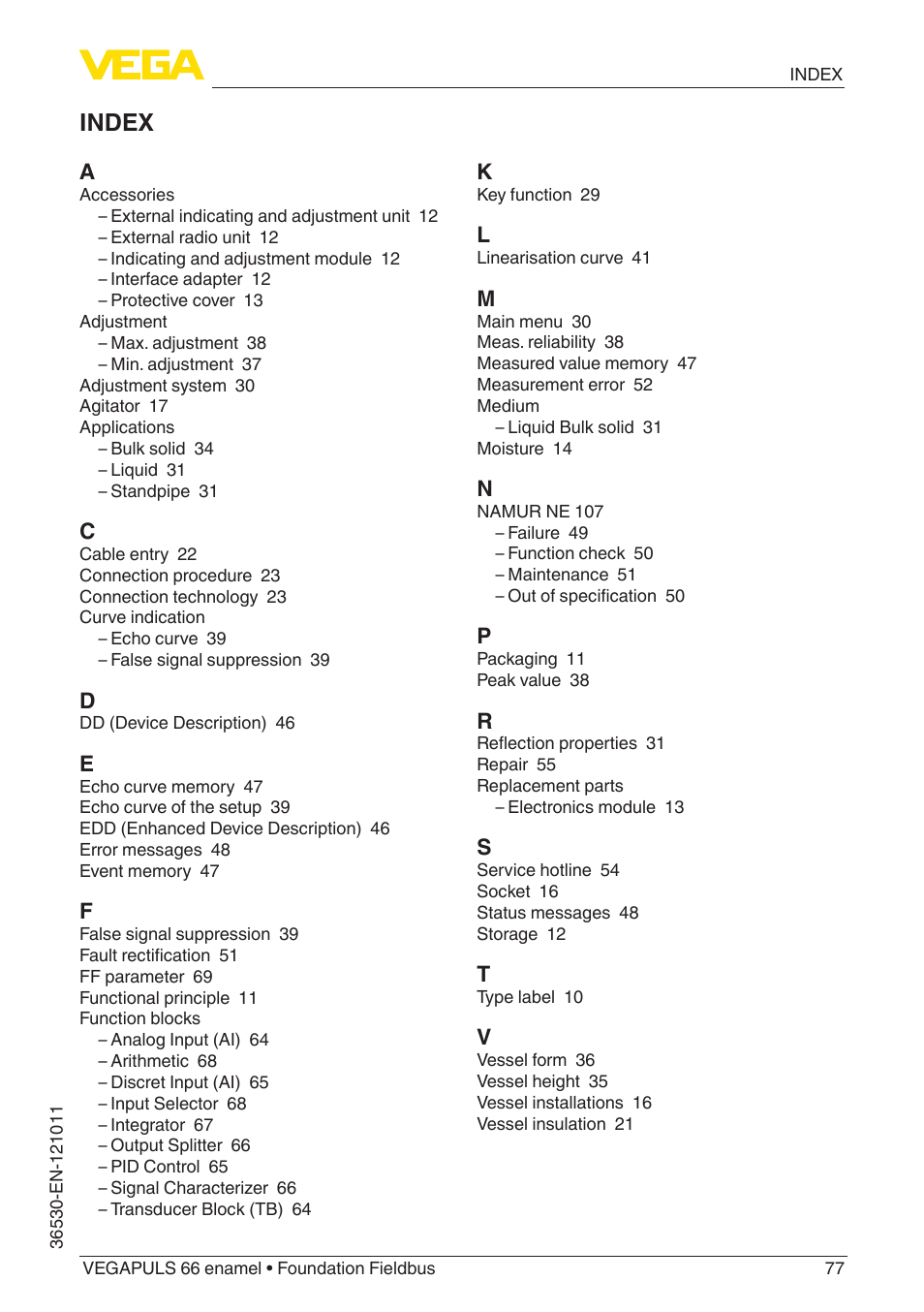 Index | VEGA VEGAPULS 66 (≥ 2.0.0 - ≥ 4.0.0) enamel Foundation Fieldbus User Manual | Page 77 / 80