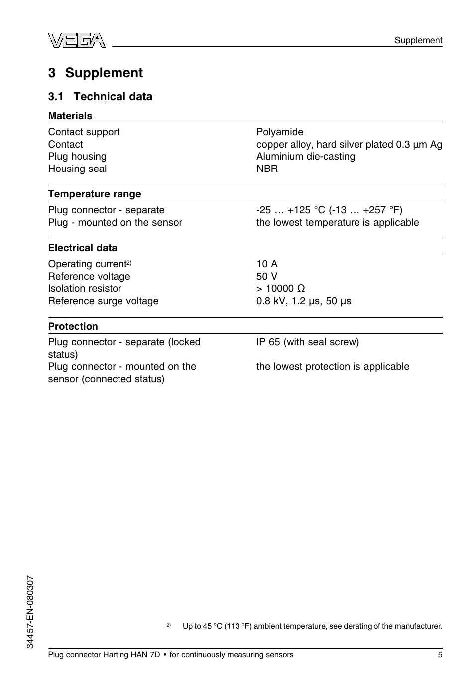 3 supplement, 1 technical data, 3 s upplement | VEGA Plug connector Harting HAN 7D for continuously measuring sensors User Manual | Page 5 / 8