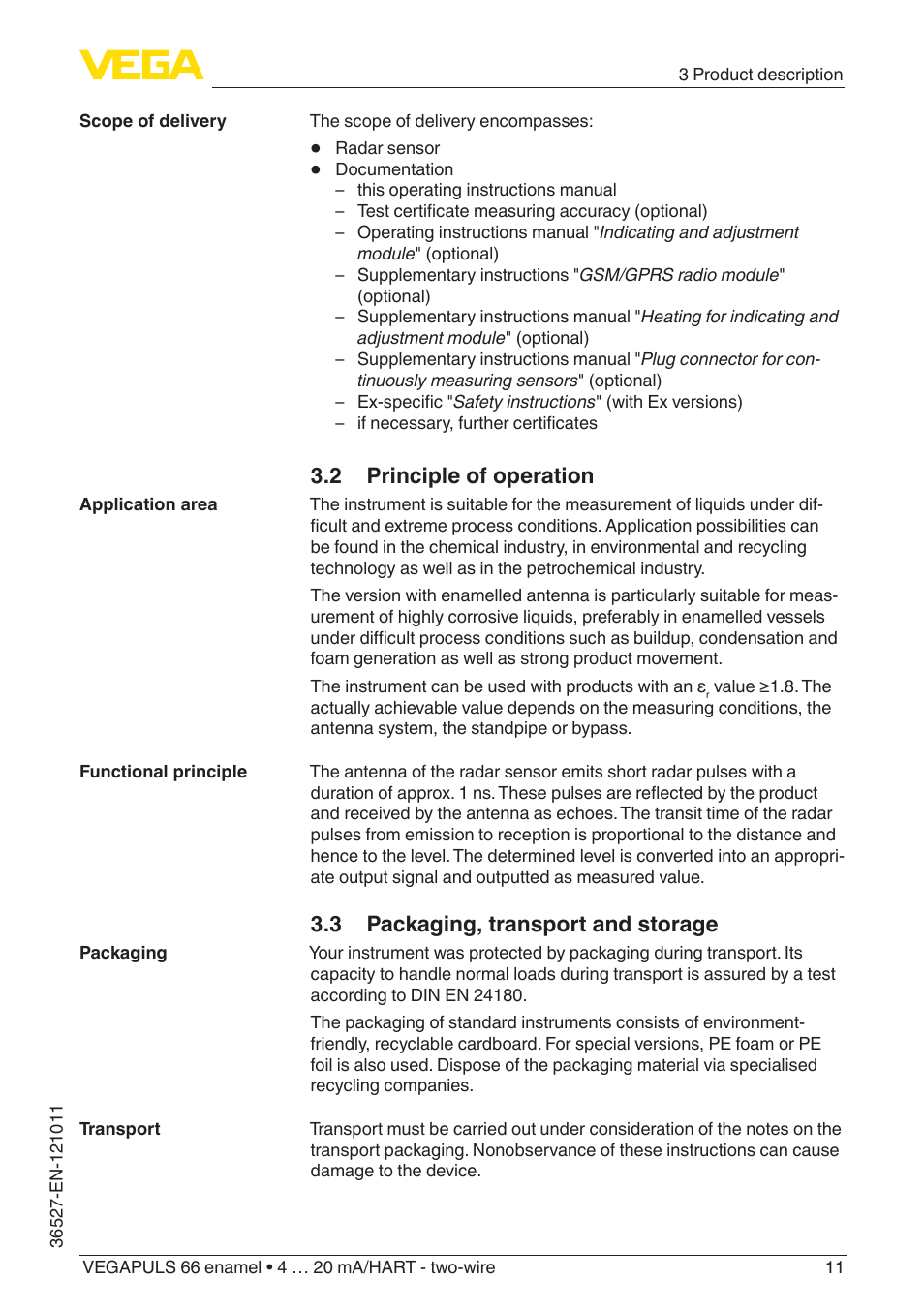 2 principle of operation, 3 packaging, transport and storage | VEGA VEGAPULS 66 (≥ 2.0.0 - ≥ 4.0.0) enamel 4 … 20 mA_HART - two-wire User Manual | Page 11 / 76