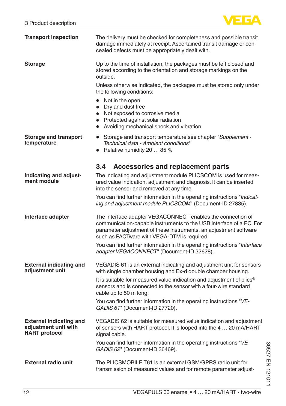 4 accessories and replacement parts | VEGA VEGAPULS 66 (≥ 2.0.0 - ≥ 4.0.0) enamel 4 … 20 mA_HART - two-wire User Manual | Page 12 / 76