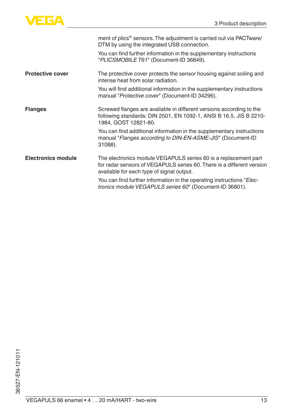 VEGA VEGAPULS 66 (≥ 2.0.0 - ≥ 4.0.0) enamel 4 … 20 mA_HART - two-wire User Manual | Page 13 / 76