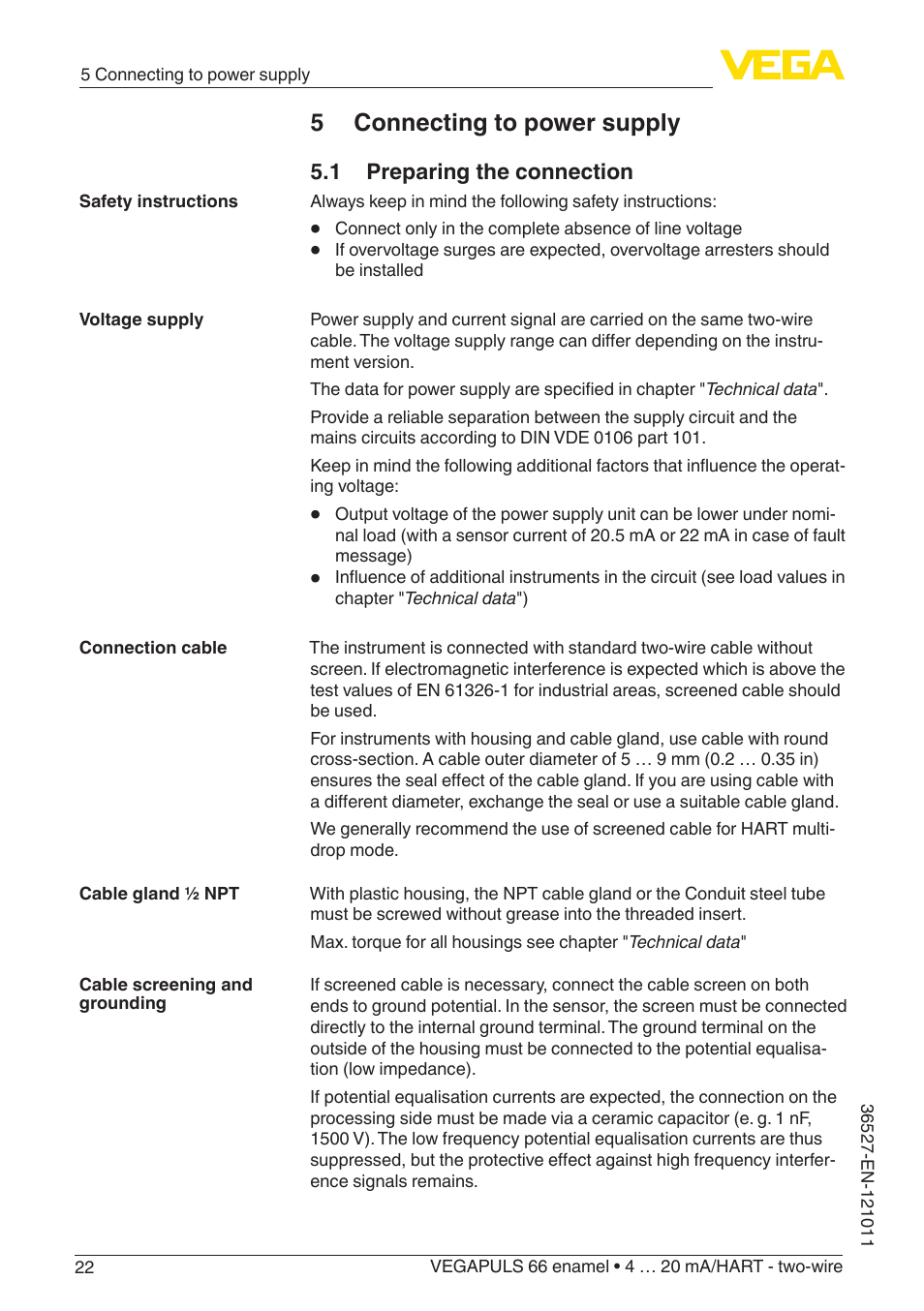 5 connecting to power supply, 1 preparing the connection | VEGA VEGAPULS 66 (≥ 2.0.0 - ≥ 4.0.0) enamel 4 … 20 mA_HART - two-wire User Manual | Page 22 / 76