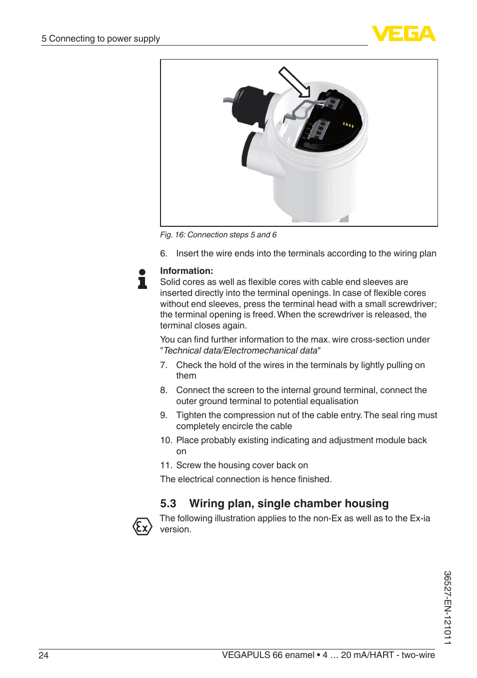 3 wiring plan, single chamber housing | VEGA VEGAPULS 66 (≥ 2.0.0 - ≥ 4.0.0) enamel 4 … 20 mA_HART - two-wire User Manual | Page 24 / 76