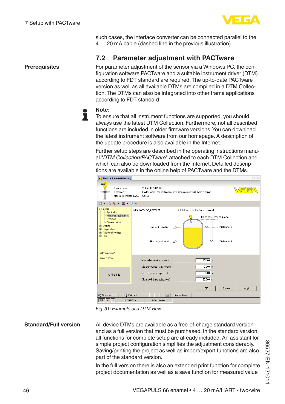 2 parameter adjustment with pactware | VEGA VEGAPULS 66 (≥ 2.0.0 - ≥ 4.0.0) enamel 4 … 20 mA_HART - two-wire User Manual | Page 46 / 76