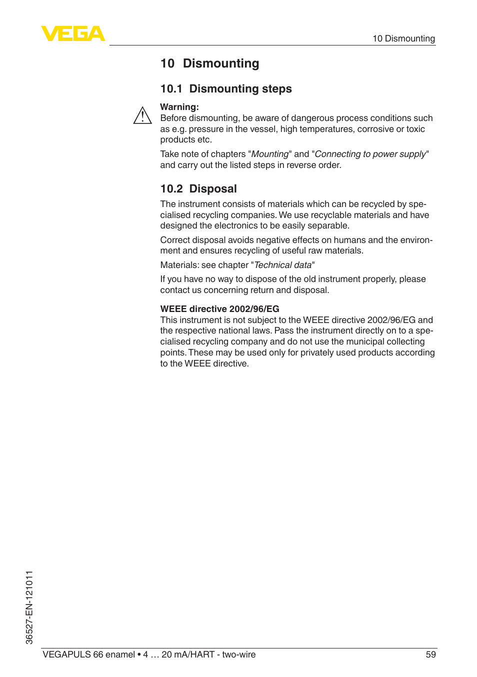 10 dismounting, 1 dismounting steps, 2 disposal | VEGA VEGAPULS 66 (≥ 2.0.0 - ≥ 4.0.0) enamel 4 … 20 mA_HART - two-wire User Manual | Page 59 / 76