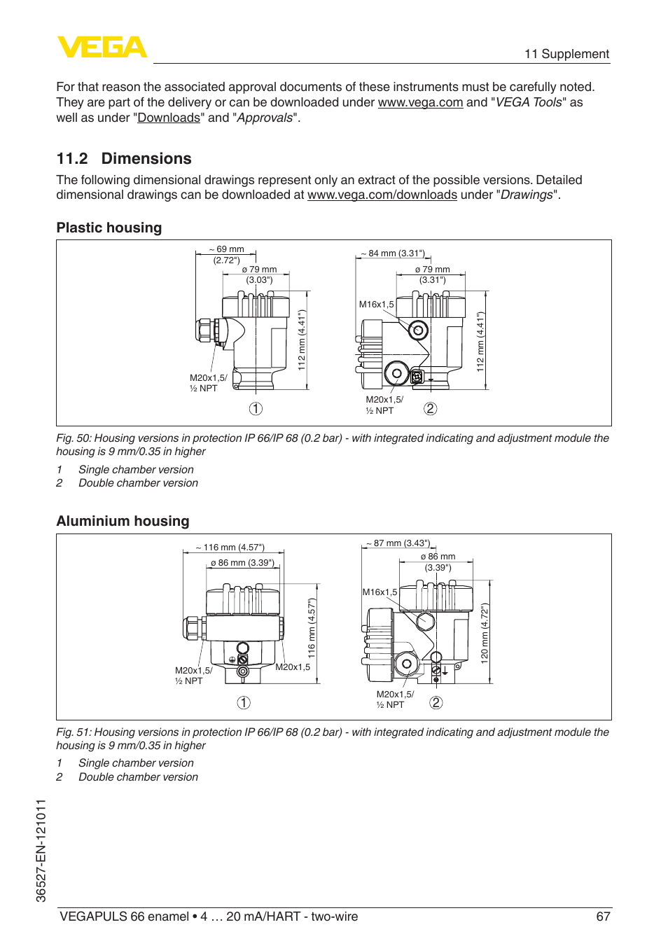 2 dimensions, Plastic housing, Aluminium housing | VEGA VEGAPULS 66 (≥ 2.0.0 - ≥ 4.0.0) enamel 4 … 20 mA_HART - two-wire User Manual | Page 67 / 76