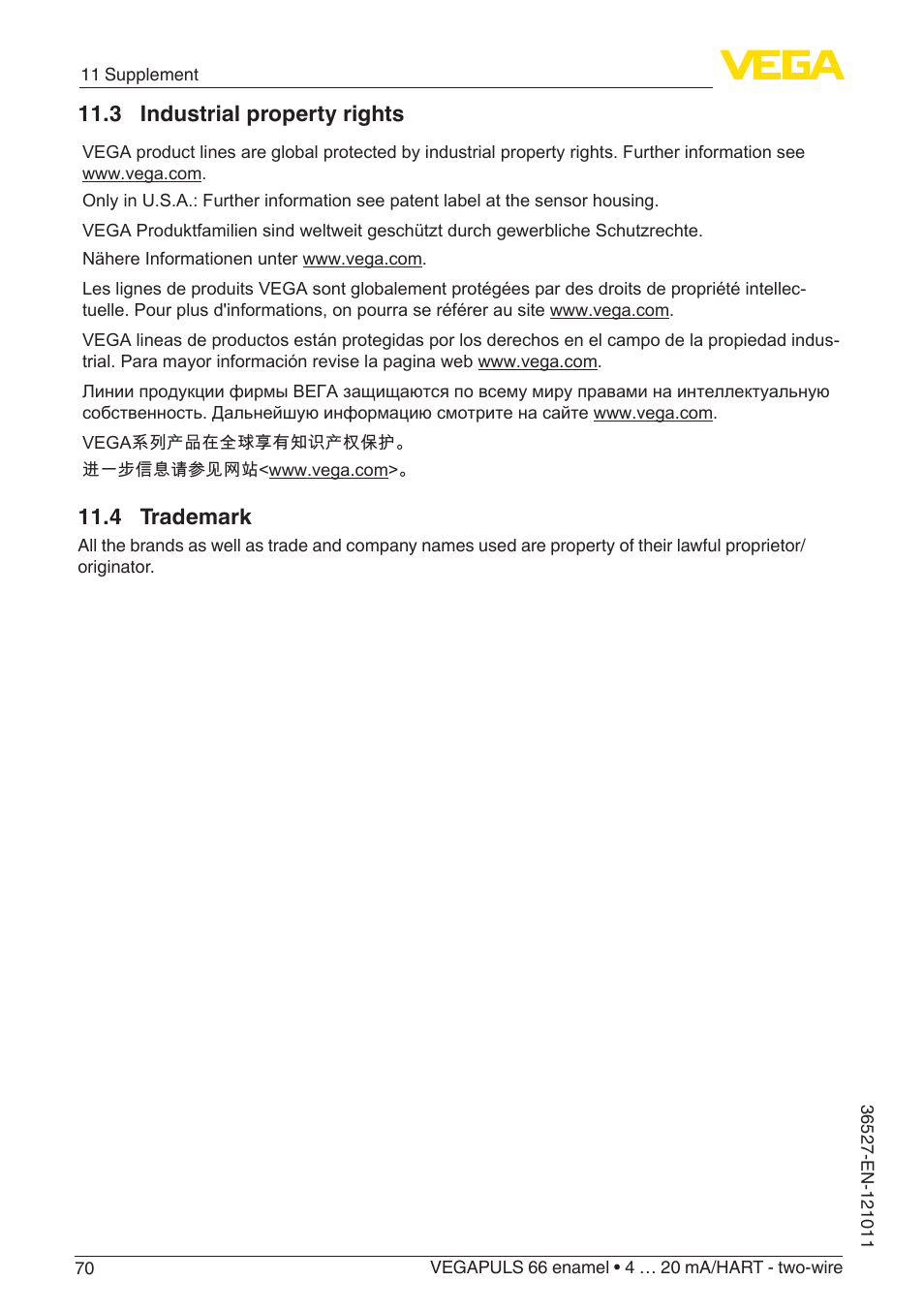 3 industrial property rights, 4 trademark | VEGA VEGAPULS 66 (≥ 2.0.0 - ≥ 4.0.0) enamel 4 … 20 mA_HART - two-wire User Manual | Page 70 / 76