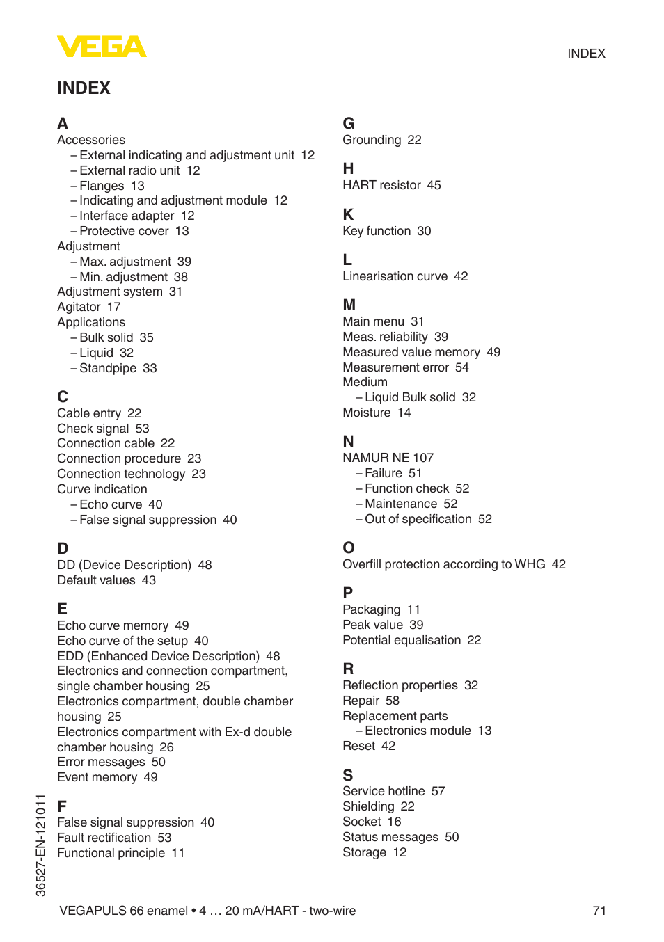 Index | VEGA VEGAPULS 66 (≥ 2.0.0 - ≥ 4.0.0) enamel 4 … 20 mA_HART - two-wire User Manual | Page 71 / 76