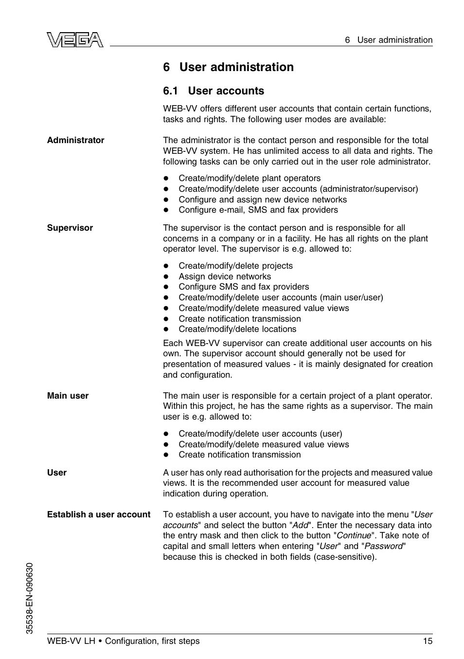 0 user administration, 1 user accounts, 6user administration | VEGA WEB-VV LH User Manual | Page 15 / 24