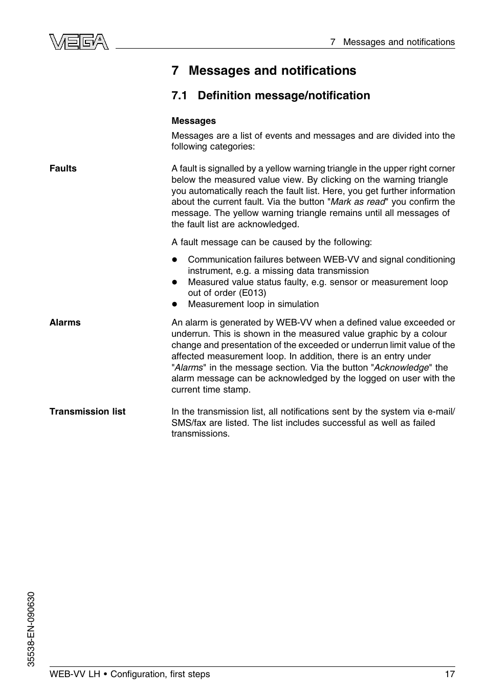 0 messages and notifications, 1 definition message/notification, 7messages and notiﬁcations | 1 deﬁnition message/notiﬁcation | VEGA WEB-VV LH User Manual | Page 17 / 24
