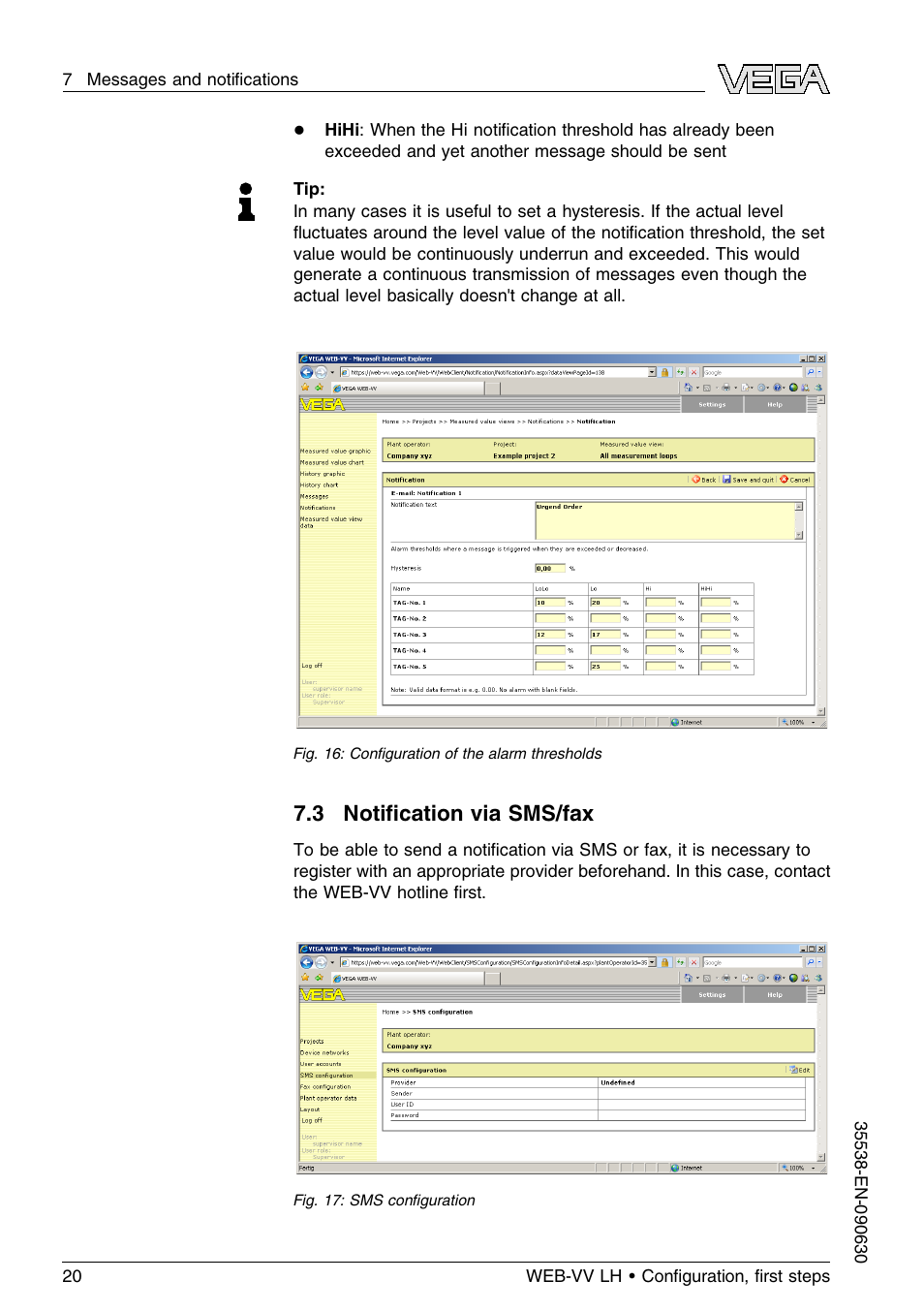 3 notification via sms/fax, 3 notiﬁcation via sms/fax | VEGA WEB-VV LH User Manual | Page 20 / 24