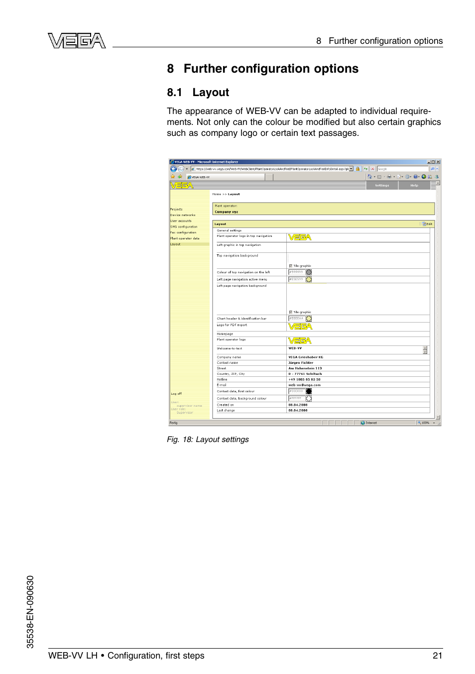 0 further configuration options, 1 layout, 8further conﬁguration options | VEGA WEB-VV LH User Manual | Page 21 / 24