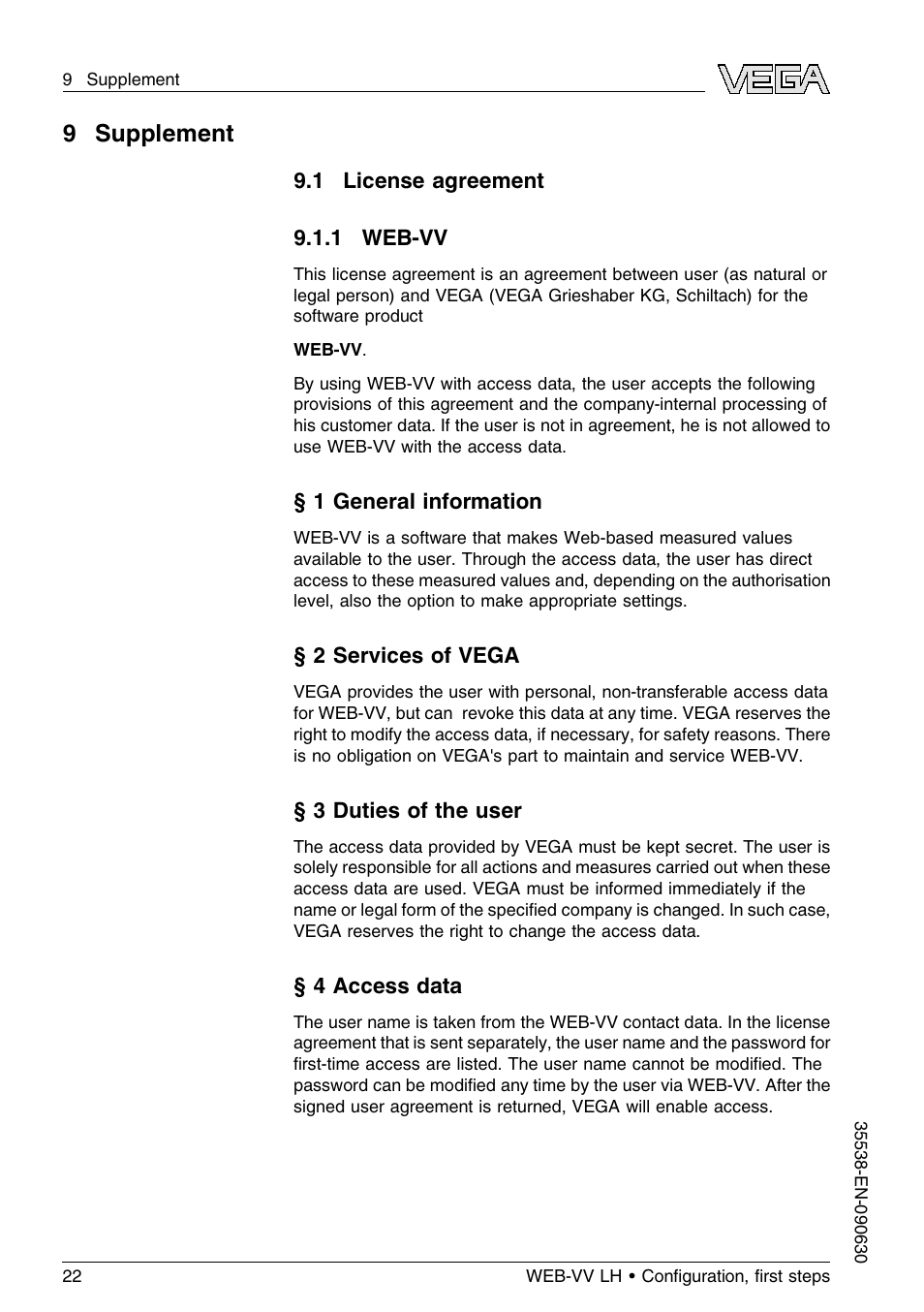 9 supplement, 1 license agreement, 1 web–vv | 9supplement | VEGA WEB-VV LH User Manual | Page 22 / 24
