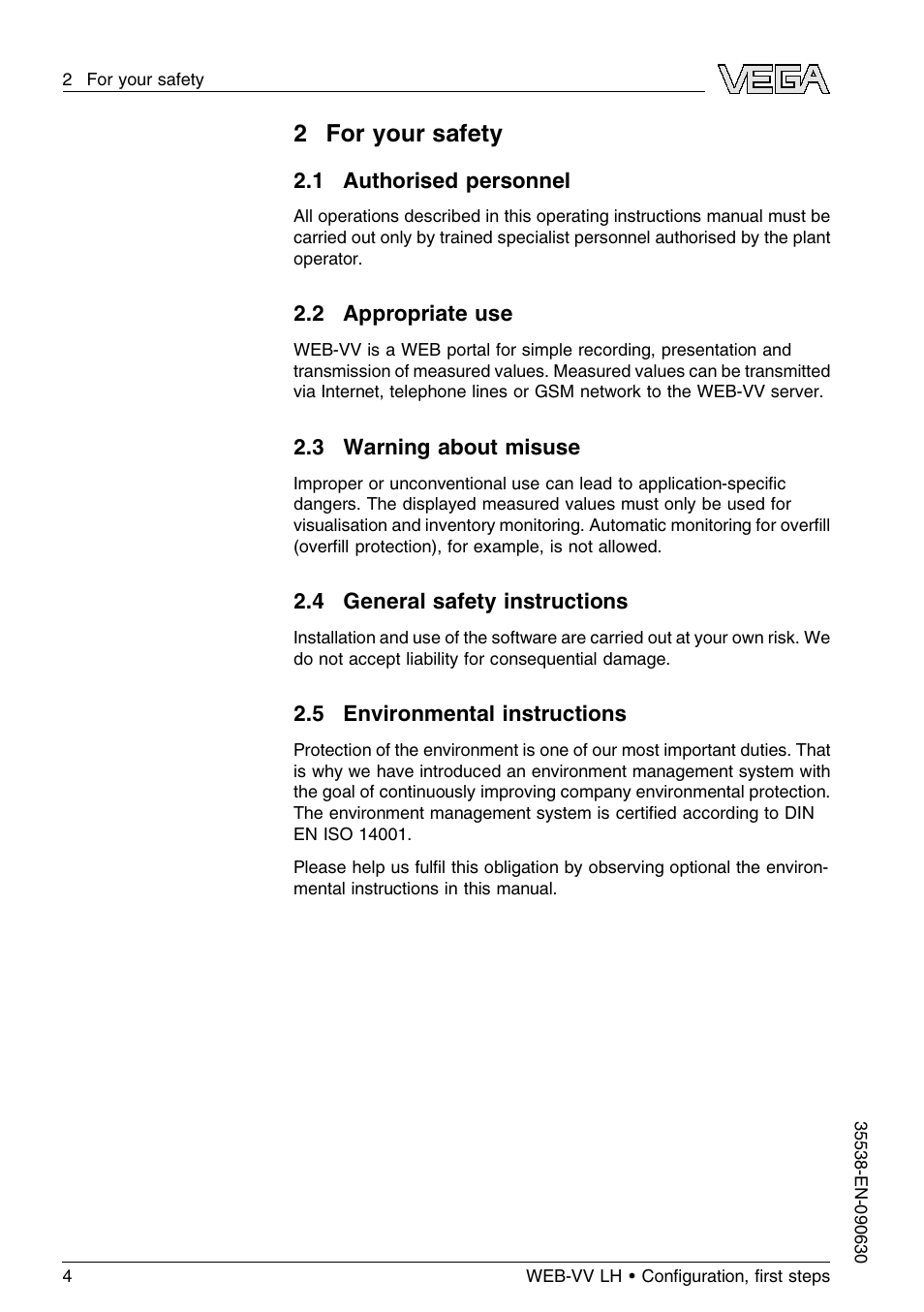 2 for your safety, 1 authorised personnel, 2 appropriate use | 3 warning about misuse, 4 general safety instructions, 5 environmental instructions, 2for your safety | VEGA WEB-VV LH User Manual | Page 4 / 24