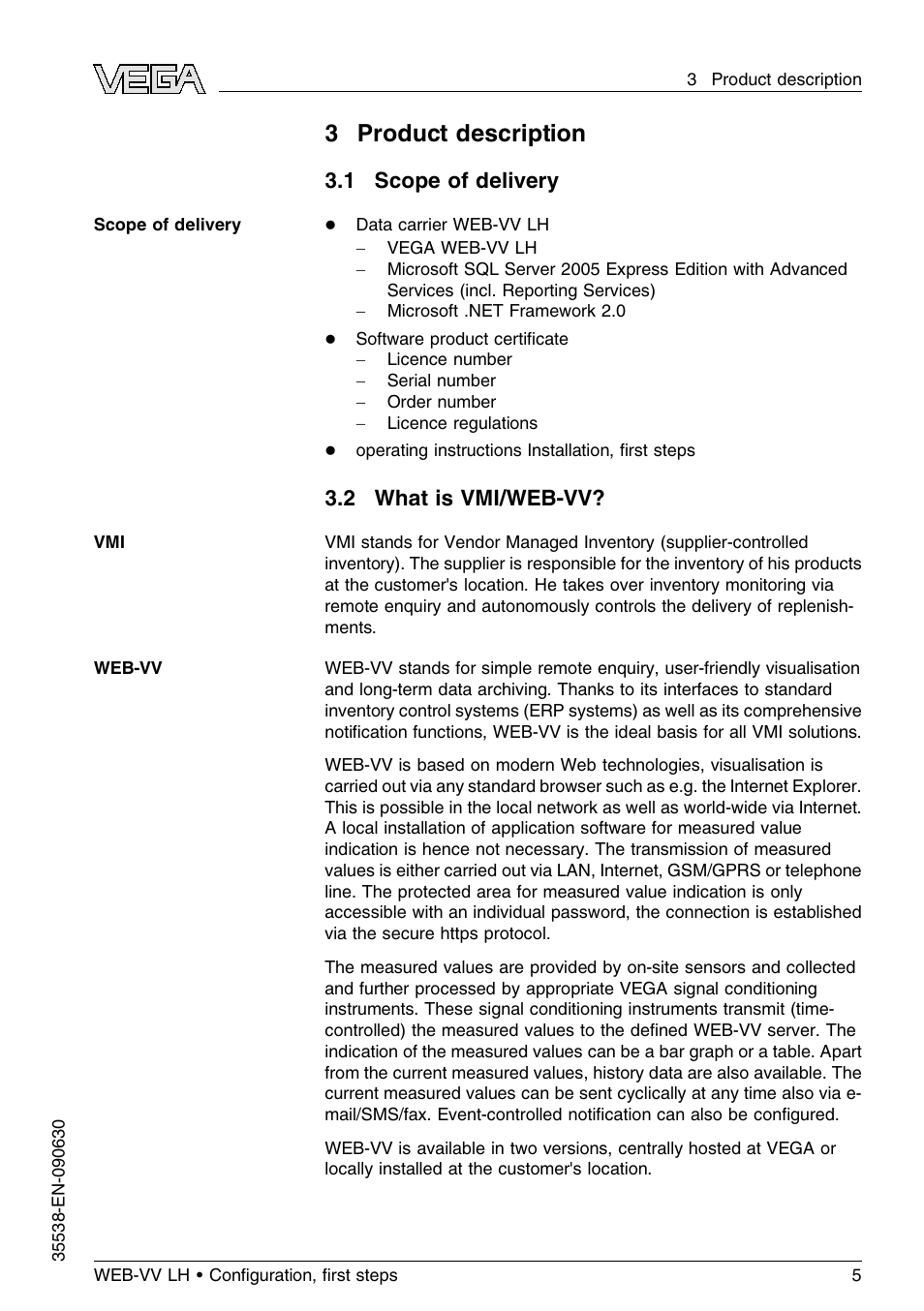 3 product description, 1 scope of delivery, 2 what is vmi/web–vv | 3product description, 2 what is vmi/web-vv | VEGA WEB-VV LH User Manual | Page 5 / 24