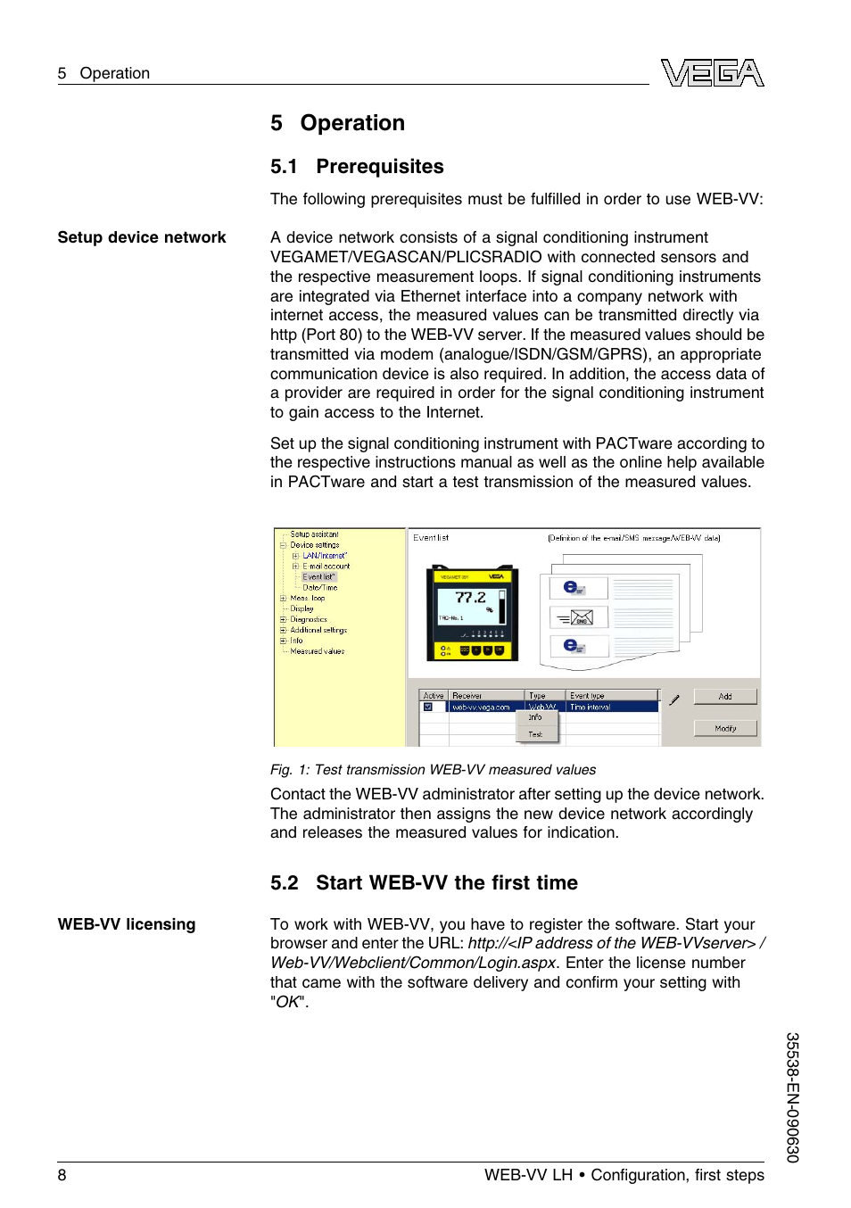 0 operation, 1 prerequisites, 2 start web–vv the first time | 5operation | VEGA WEB-VV LH User Manual | Page 8 / 24