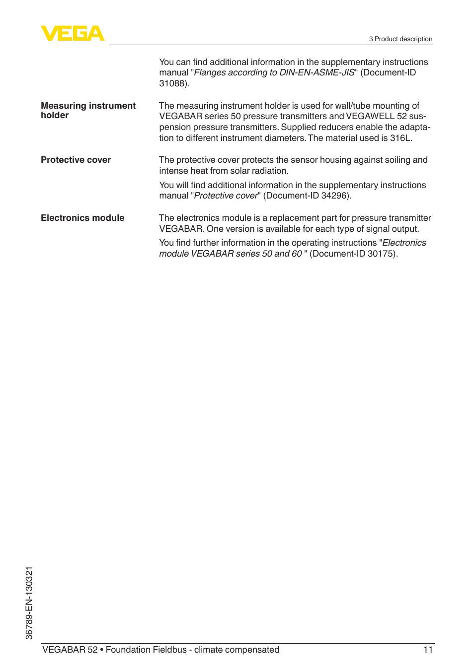 VEGA VEGABAR 52 Foundation Fieldbus - climate compensated User Manual | Page 11 / 76