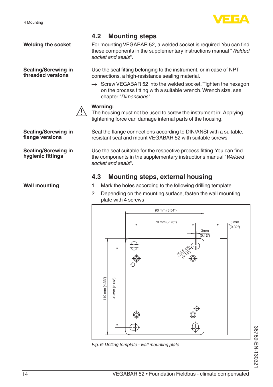 2 mounting steps, 3 mounting steps, external housing | VEGA VEGABAR 52 Foundation Fieldbus - climate compensated User Manual | Page 14 / 76