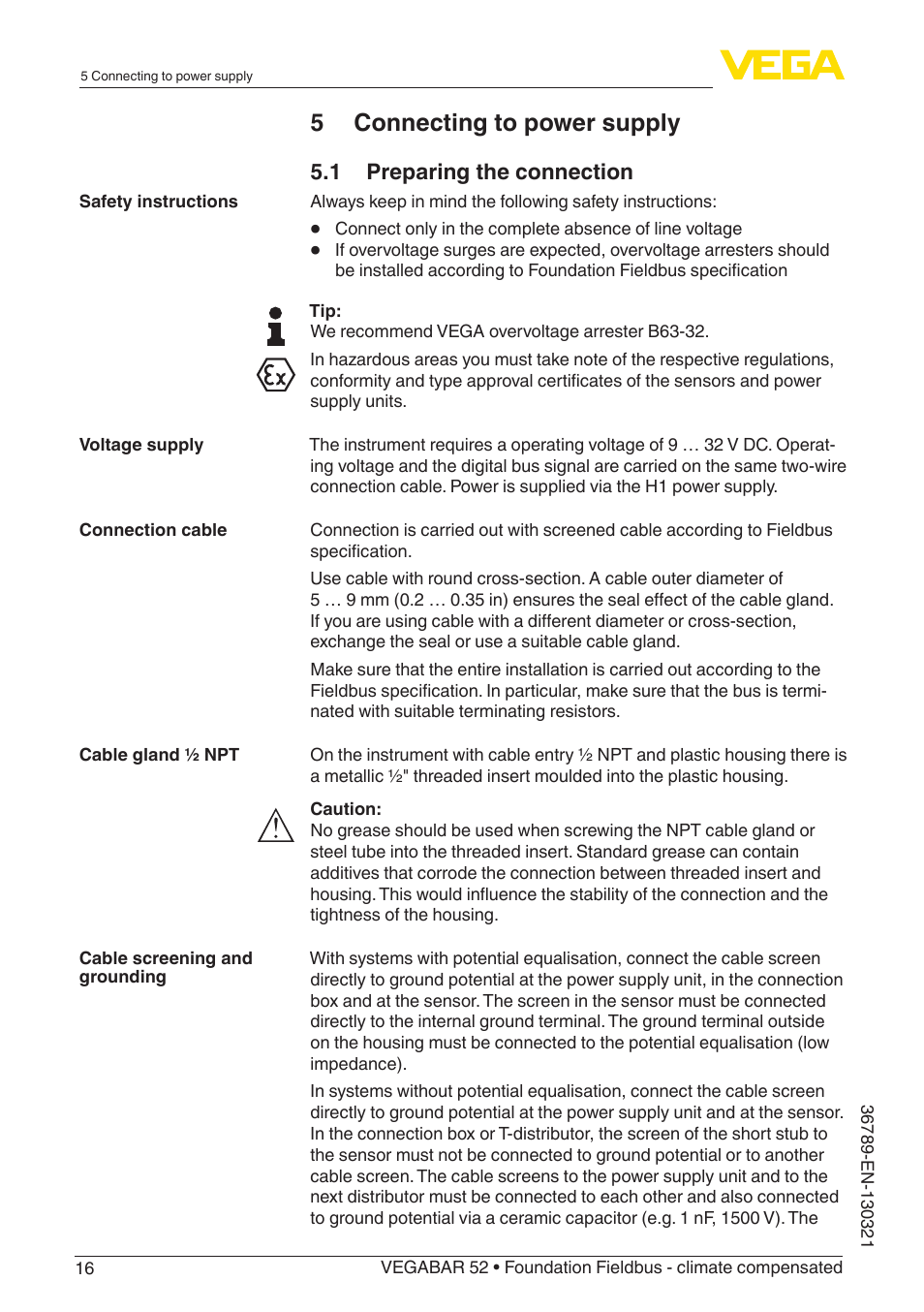 5 connecting to power supply, 1 preparing the connection | VEGA VEGABAR 52 Foundation Fieldbus - climate compensated User Manual | Page 16 / 76