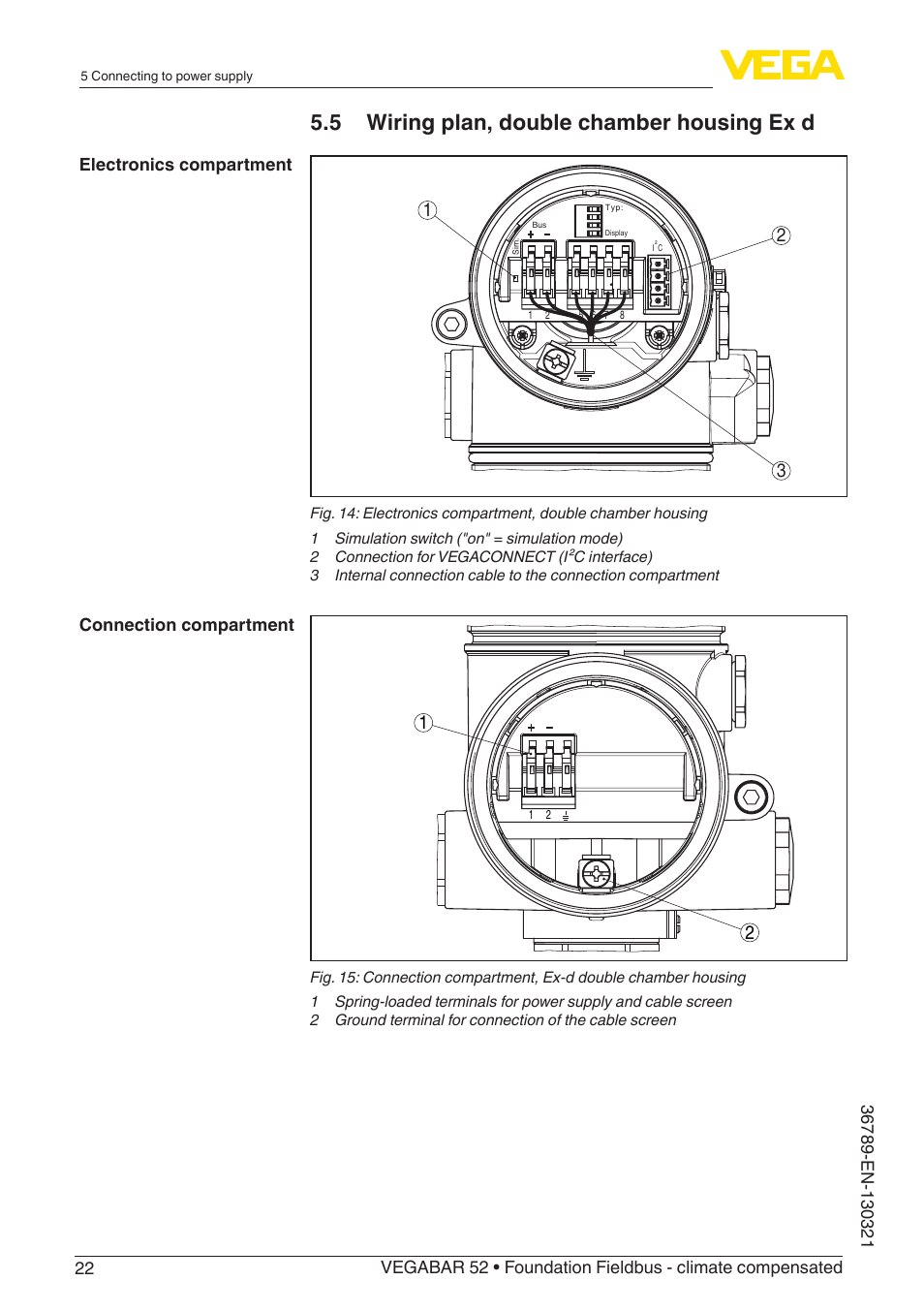 5 wiring plan, double chamber housing ex d | VEGA VEGABAR 52 Foundation Fieldbus - climate compensated User Manual | Page 22 / 76