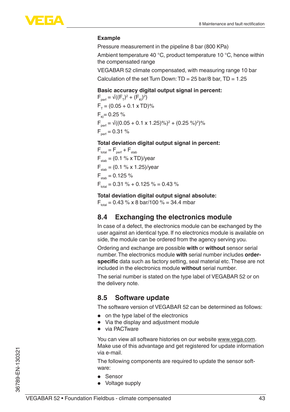 4 exchanging the electronics module, 5 software update | VEGA VEGABAR 52 Foundation Fieldbus - climate compensated User Manual | Page 43 / 76