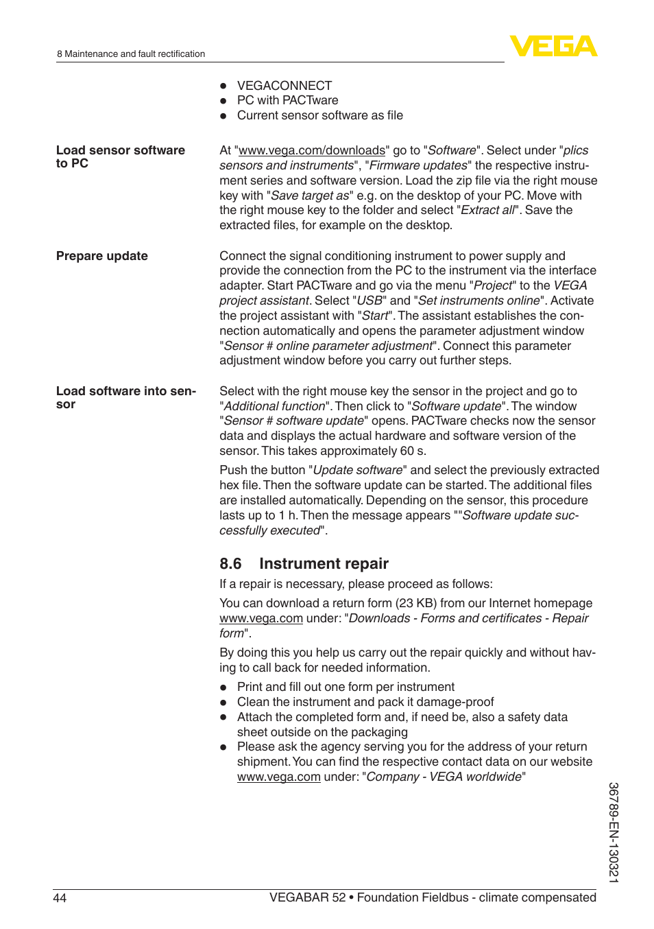 VEGA VEGABAR 52 Foundation Fieldbus - climate compensated User Manual | Page 44 / 76