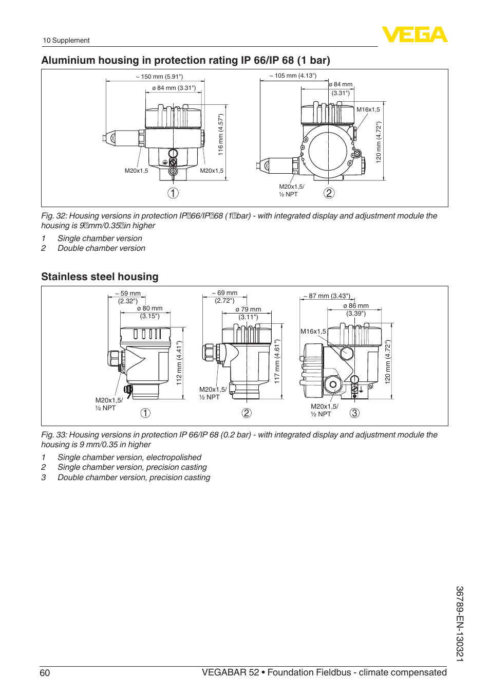 Stainless steel housing | VEGA VEGABAR 52 Foundation Fieldbus - climate compensated User Manual | Page 60 / 76