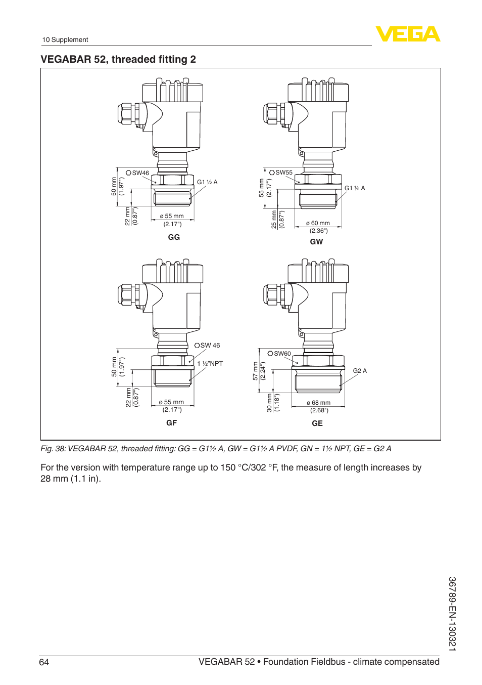 Vegabar 52, threaded fitting 2 | VEGA VEGABAR 52 Foundation Fieldbus - climate compensated User Manual | Page 64 / 76