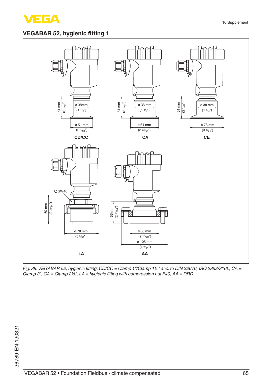 Vegabar 52, hygienic fitting 1, Ca cd/cc aa ce la | VEGA VEGABAR 52 Foundation Fieldbus - climate compensated User Manual | Page 65 / 76
