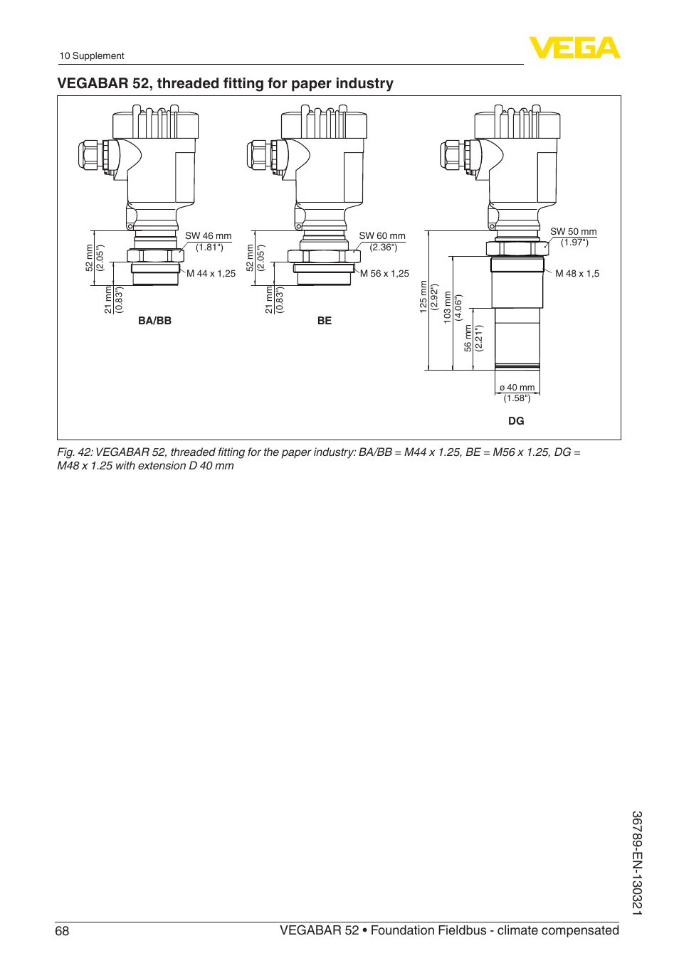 Vegabar 52, threaded fitting for paper industry | VEGA VEGABAR 52 Foundation Fieldbus - climate compensated User Manual | Page 68 / 76