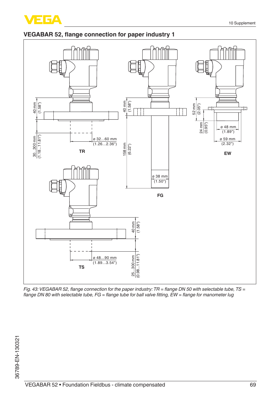 Vegabar 52, flange connection for paper industry 1 | VEGA VEGABAR 52 Foundation Fieldbus - climate compensated User Manual | Page 69 / 76