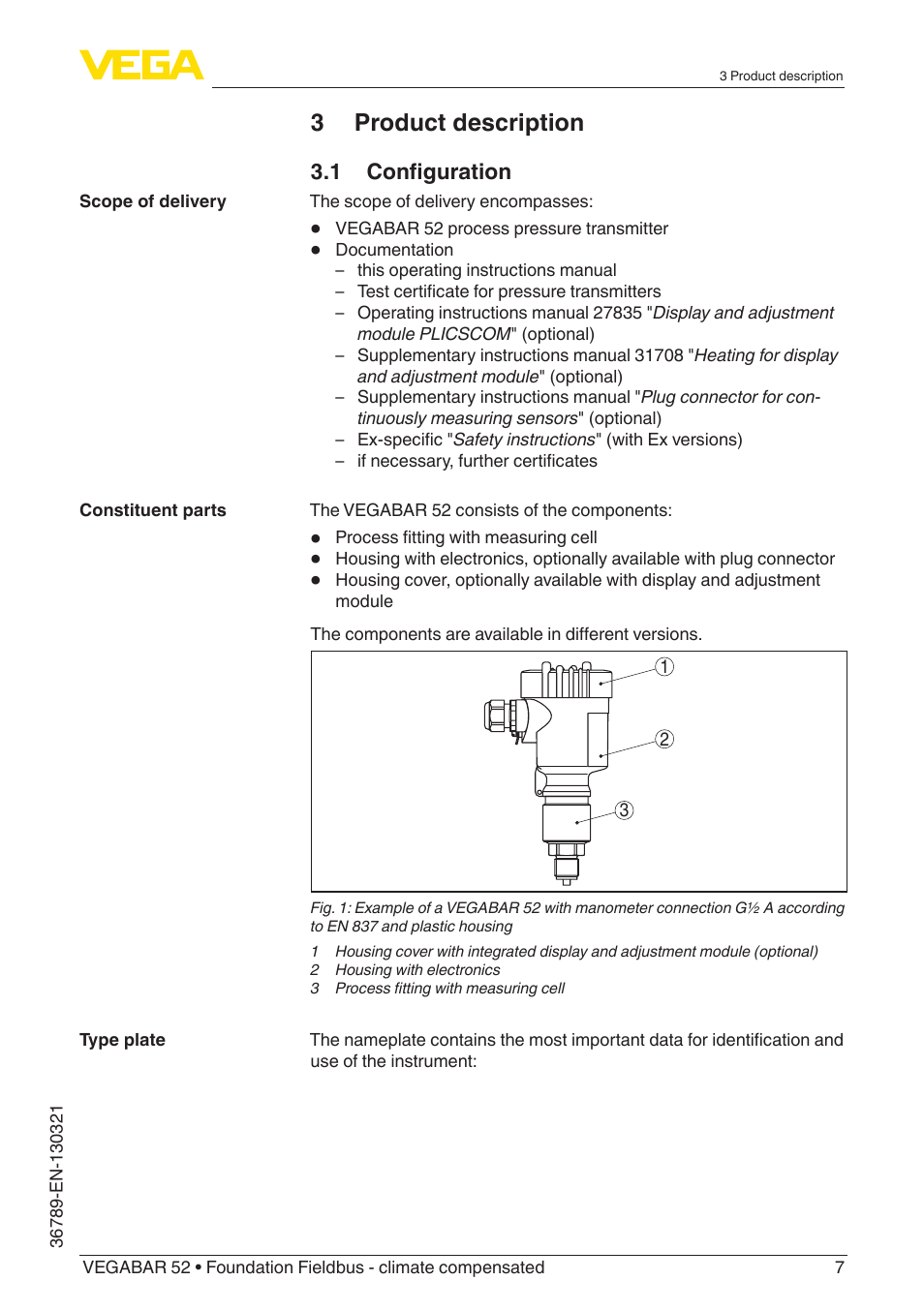 3 product description | VEGA VEGABAR 52 Foundation Fieldbus - climate compensated User Manual | Page 7 / 76