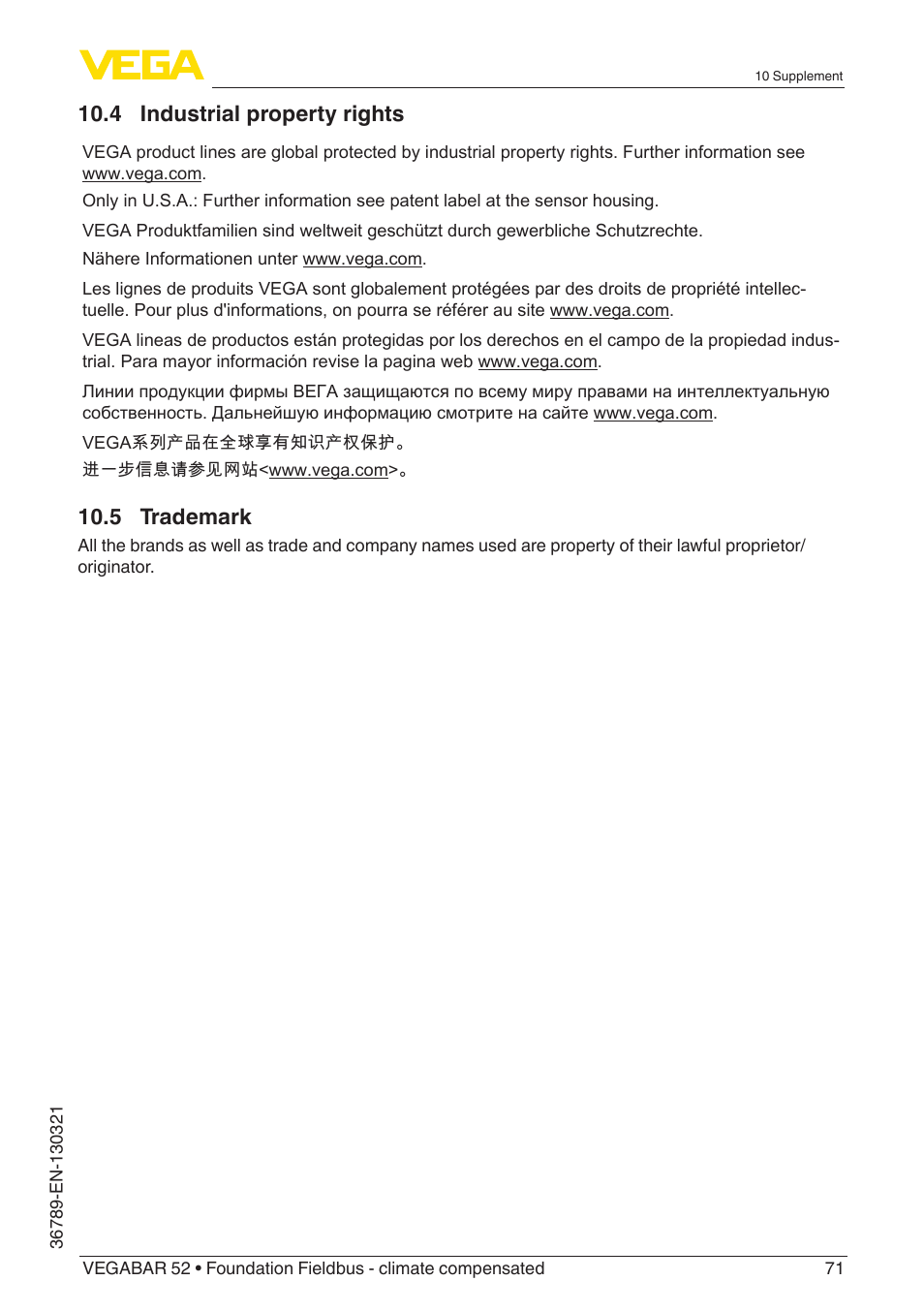 4 industrial property rights, 5 trademark | VEGA VEGABAR 52 Foundation Fieldbus - climate compensated User Manual | Page 71 / 76
