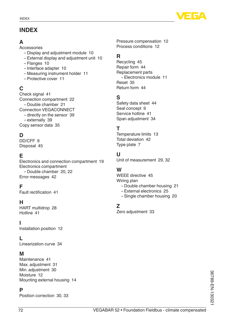 Index | VEGA VEGABAR 52 Foundation Fieldbus - climate compensated User Manual | Page 72 / 76