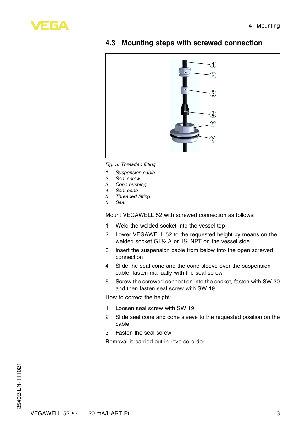 3 mounting steps with screwed connection | VEGA VEGAWELL 52 4 … 20 mA_HART Pt 100 User Manual | Page 13 / 44