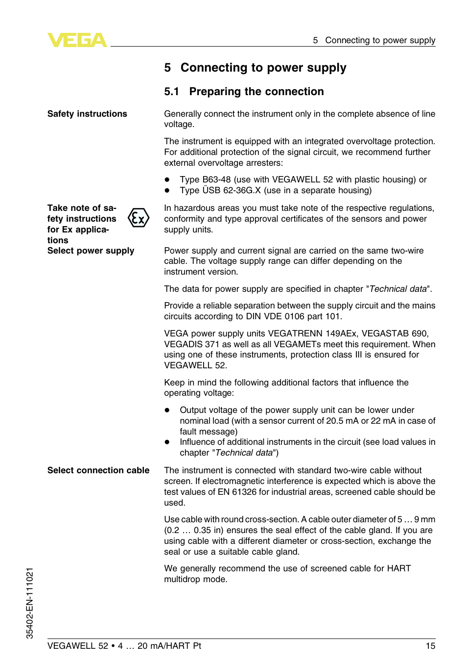 5 connecting to power supply, 1 preparing the connection, 5connecting to power supply | VEGA VEGAWELL 52 4 … 20 mA_HART Pt 100 User Manual | Page 15 / 44