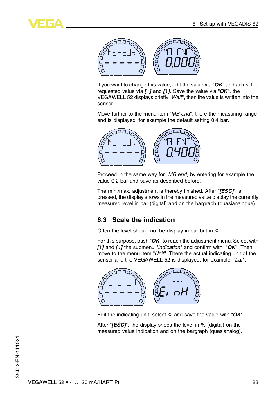 3 scale the indication | VEGA VEGAWELL 52 4 … 20 mA_HART Pt 100 User Manual | Page 23 / 44