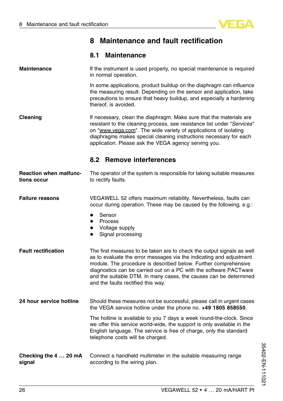 8 maintenance and fault rectification, 1 maintenance, 2 remove interferences | 8maintenance and fault rectiﬁcation | VEGA VEGAWELL 52 4 … 20 mA_HART Pt 100 User Manual | Page 26 / 44