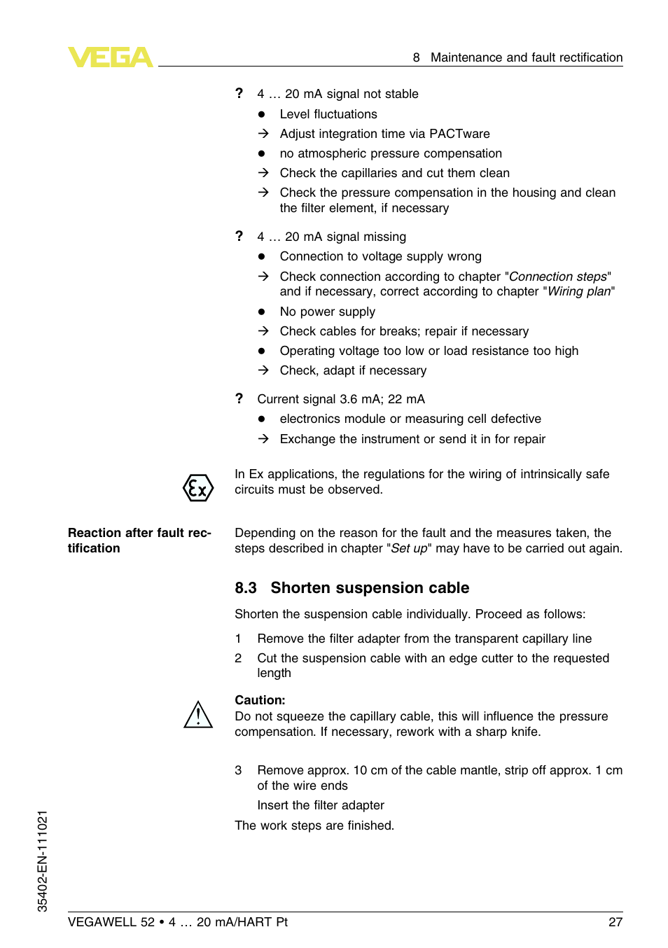 3 shorten suspension cable | VEGA VEGAWELL 52 4 … 20 mA_HART Pt 100 User Manual | Page 27 / 44