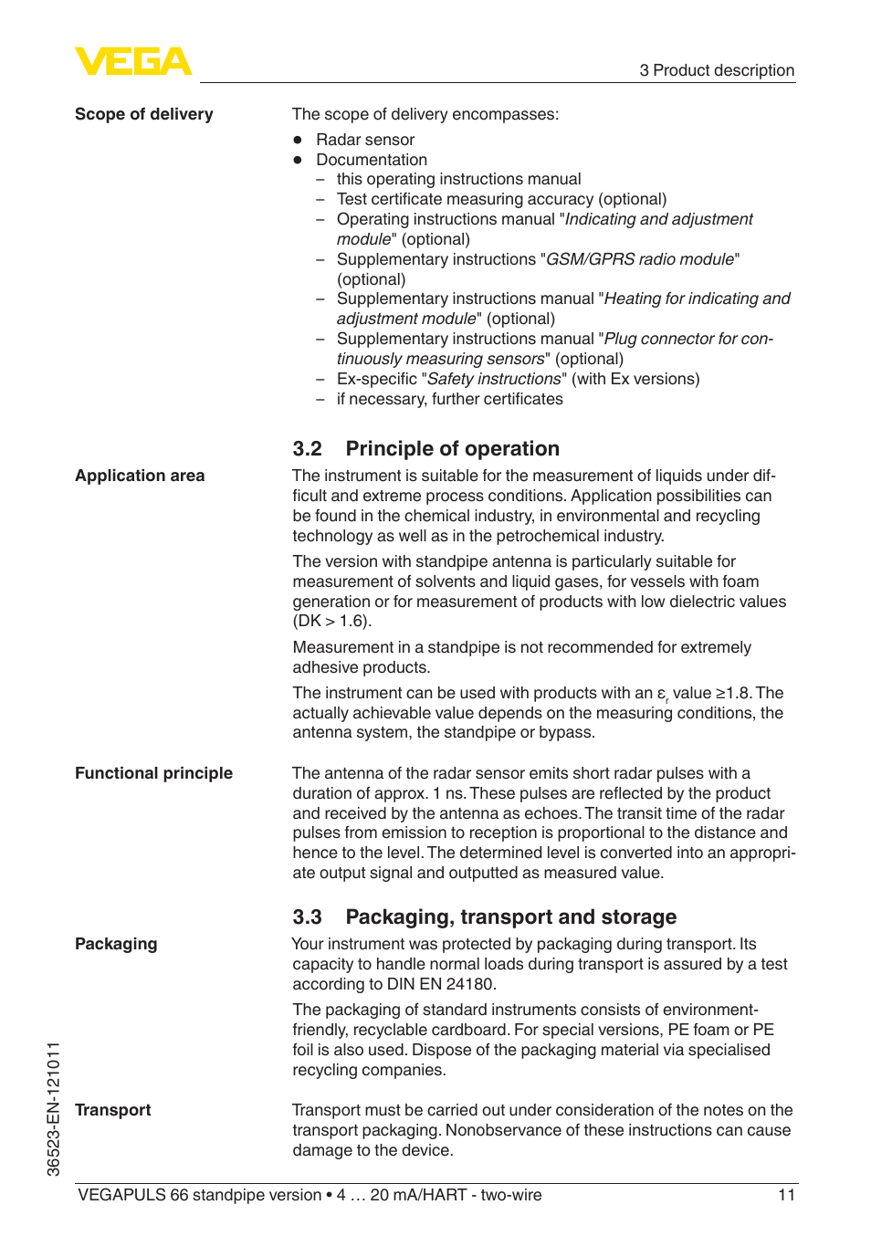 2 principle of operation, 3 packaging, transport and storage | VEGA VEGAPULS 66 (≥ 2.0.0 - ≥ 4.0.0) standpipe ver. 4 … 20 mA_HART - two-wire User Manual | Page 11 / 60