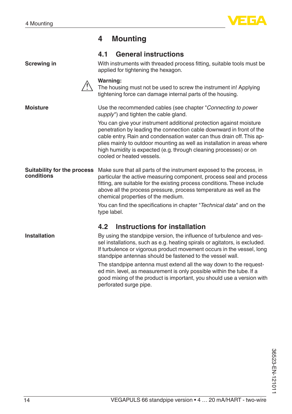 4 mounting, 1 general instructions, 2 instructions for installation | VEGA VEGAPULS 66 (≥ 2.0.0 - ≥ 4.0.0) standpipe ver. 4 … 20 mA_HART - two-wire User Manual | Page 14 / 60