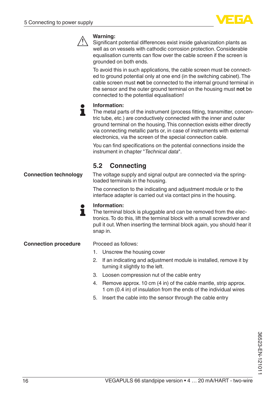 2 connecting | VEGA VEGAPULS 66 (≥ 2.0.0 - ≥ 4.0.0) standpipe ver. 4 … 20 mA_HART - two-wire User Manual | Page 16 / 60