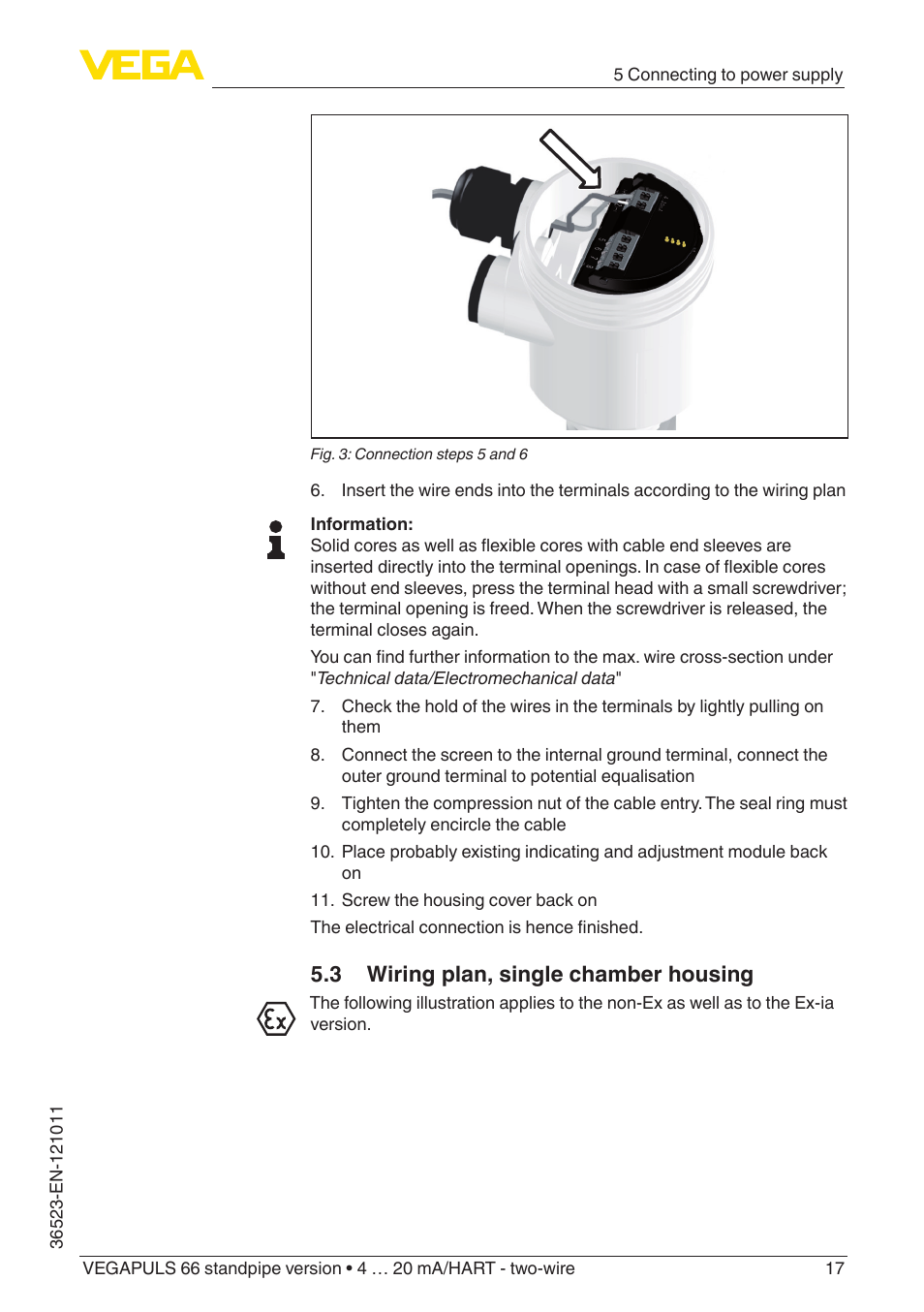3 wiring plan, single chamber housing | VEGA VEGAPULS 66 (≥ 2.0.0 - ≥ 4.0.0) standpipe ver. 4 … 20 mA_HART - two-wire User Manual | Page 17 / 60