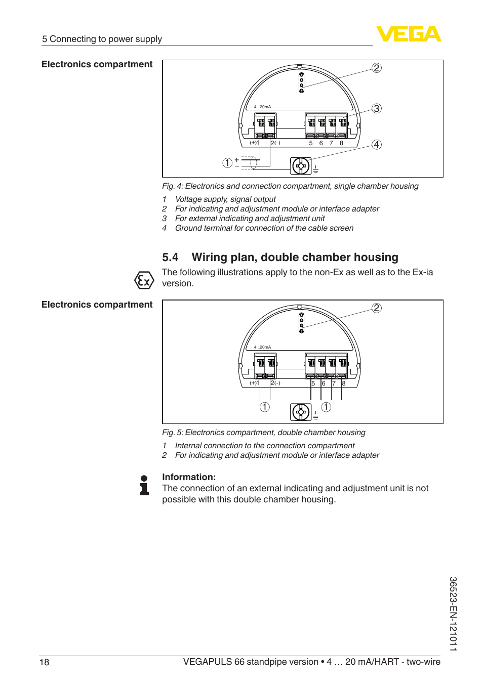 4 wiring plan, double chamber housing | VEGA VEGAPULS 66 (≥ 2.0.0 - ≥ 4.0.0) standpipe ver. 4 … 20 mA_HART - two-wire User Manual | Page 18 / 60