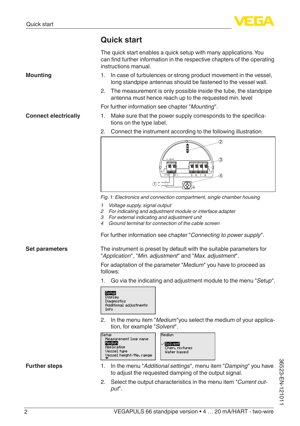 Quick start | VEGA VEGAPULS 66 (≥ 2.0.0 - ≥ 4.0.0) standpipe ver. 4 … 20 mA_HART - two-wire User Manual | Page 2 / 60